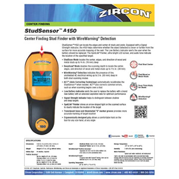 Zircon StudSensor A150: Wall Scanner with WireWarning Detection