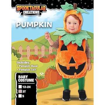 Spooktacular Creations Deluxe Pumpkin Costume with Plush Green leaves for Toddler, Kids Halloween Dress Up, Pumpkin Themed Party (3T)