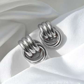 NIXMAX Chunky Silver Earrings Statement Knot Earrings for Women Sterling Silver Plated Big Geometric Dangle Earrings Hypoallergenic Fashion Trendy Jewelry Gifts (Silver, Large)