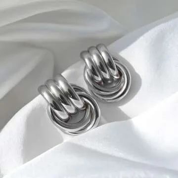 NIXMAX Chunky Silver Earrings Statement Knot Earrings for Women Sterling Silver Plated Big Geometric Dangle Earrings Hypoallergenic Fashion Trendy Jewelry Gifts (Silver, Large)