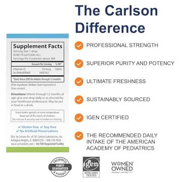 Carlson - Baby's Super Daily D3, Baby Vitamin D Drops, 400 IU (10 mcg) per Drop, 1-Year Supply, Vegetarian, Liquid Vitamin D Drops for Infants and Toddlers, Unflavored, 365 Drops