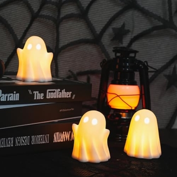 NEROSUN 3 Pack Cute Ghost Light Up Halloween Decor, LED White Ceramic Spooky Flameless Lanterns Deco...