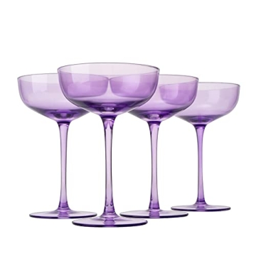 Lavender Purple Colored Coupe Glasses Set of 4 - Elegant 7oz Cocktail & Champagne Glasses