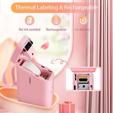JADENS Label Maker Machine, D11 Portable Bluetooth Printer for Labeling, Home, Office, Organization, Mini Label Maker Machine with Tape, Multiple Templates Available for Phone, Handheld Labeler, Pink