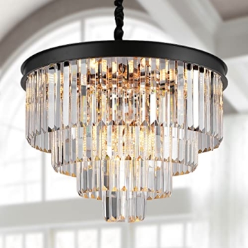 A AXILIXI Modern Crystal Chandeliers 24" Round Top K9 Crystals Chandelier Adjustable Ceiling Light F...