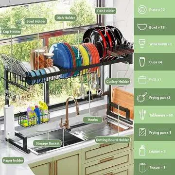 ADBIU Over The Sink (24"- 32.5" L) Dish Drying Rack (Expandable Dimension) Snap-On Design 2 Tier Kitchen Large Dish Drainer Counter Storage Organizer