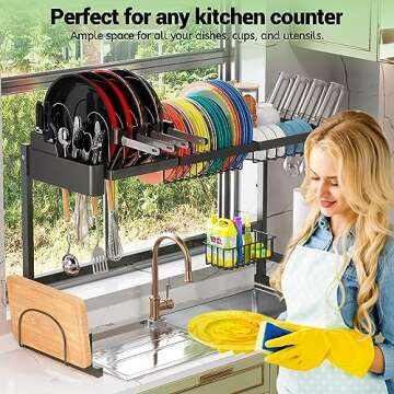ADBIU Over The Sink (24"- 32.5" L) Dish Drying Rack (Expandable Dimension) Snap-On Design 2 Tier Kitchen Large Dish Drainer Counter Storage Organizer