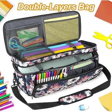 YOREPEK Double-Layer Carrying Case fit for Cricut Maker 3, Explore 3, Explore Air 2, Die Cut Machine, Water Resistant Storage Tote Bag with Cutting Mat Pocket for Accessories, Floral