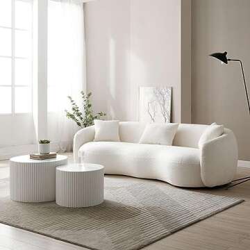 kevinplus 94'' Cloud Curved Sofa Boucle Couch for Living Room, Beige Modern Mid-Century Curved Backrest Upholstered Sofa, 3-Seat Sofa Couch for Home Apartment Office Studio, 3 Pillows, Beige