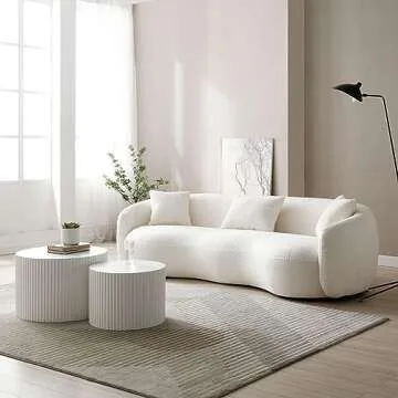 kevinplus 94'' Cloud Curved Sofa Boucle Couch for Living Room, Beige Modern Mid-Century Curved Backrest Upholstered Sofa, 3-Seat Sofa Couch for Home Apartment Office Studio, 3 Pillows, Beige