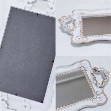 Schonee Rectangle Decorative Mirror Tray Vanity Tray for Makeup Jewelry Organizer，Perfume Display Tray，Plastic Serving Tray (White with Gold)