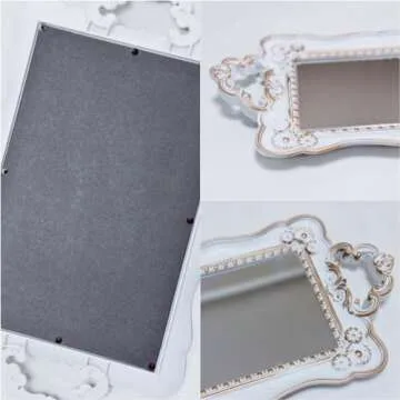 Schonee Rectangle Decorative Mirror Tray Vanity Tray for Makeup Jewelry Organizer，Perfume Display Tray，Plastic Serving Tray (White with Gold)