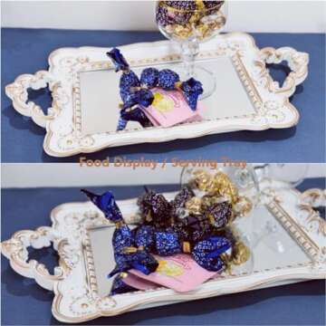 Schonee Rectangle Decorative Mirror Tray Vanity Tray for Makeup Jewelry Organizer，Perfume Display Tray，Plastic Serving Tray (White with Gold)