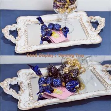 Schonee Rectangle Decorative Mirror Tray Vanity Tray for Makeup Jewelry Organizer，Perfume Display Tray，Plastic Serving Tray (White with Gold)