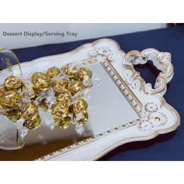 Schonee Rectangle Decorative Mirror Tray Vanity Tray for Makeup Jewelry Organizer，Perfume Display Tray，Plastic Serving Tray (White with Gold)