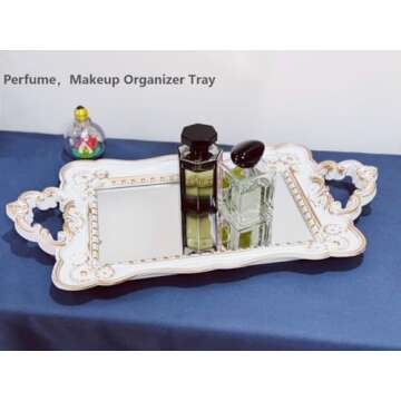 Schonee Rectangle Decorative Mirror Tray Vanity Tray for Makeup Jewelry Organizer，Perfume Display Tray，Plastic Serving Tray (White with Gold)