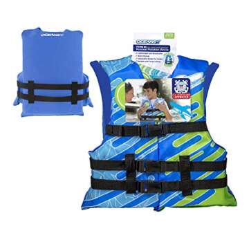 Oceans7 US Coast Guard-Approved, Type III – Youth Life Jacket – Personal Flotation Device with with Comfortable Flex-Form-Fit Open-Sided Design – Blue/White