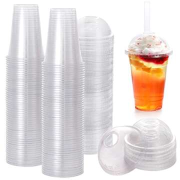 TashiBox [16oz-100set Plastic Cups with Dome lids Clear, Iced Coffee, Smoothie, Juice, Soda, Cocktai...