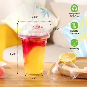 TashiBox [16oz-100set Plastic Cups with Dome lids Clear, Iced Coffee, Smoothie, Juice, Soda, Cocktail and Party Cups