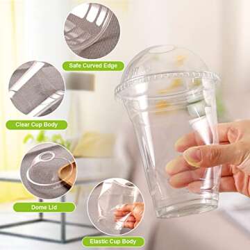TashiBox [16oz-100set Plastic Cups with Dome lids Clear, Iced Coffee, Smoothie, Juice, Soda, Cocktail and Party Cups