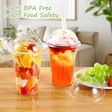 TashiBox [16oz-100set Plastic Cups with Dome lids Clear, Iced Coffee, Smoothie, Juice, Soda, Cocktail and Party Cups