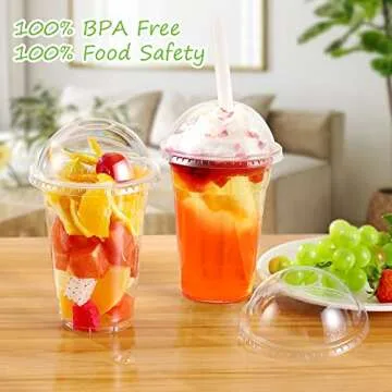 TashiBox [16oz-100set Plastic Cups with Dome lids Clear, Iced Coffee, Smoothie, Juice, Soda, Cocktail and Party Cups