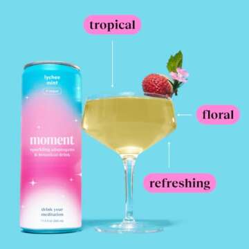 Moment Mocktails Non Alcoholic Drinks (Shark Tank) | SPARKLING Lychee Mint Adaptogen Drink | L-Theanine & Ashwagandha for Calm & Clarity | 0 Added Sugar 0 Caffeine | 12-pack