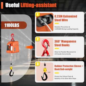 Electric Hoist Winch, 110V Electric Winch Crane Hoist Lifting Kit 3 in 1 500KG/1100LBS 1500W Hoist Crane Winch Hook Pulley with Emergency Stop Switch with Remote for Lifting Towing, Orange