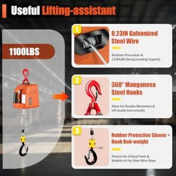 Electric Hoist Winch, 110V Electric Winch Crane Hoist Lifting Kit 3 in 1 500KG/1100LBS 1500W Hoist Crane Winch Hook Pulley with Emergency Stop Switch with Remote for Lifting Towing, Orange