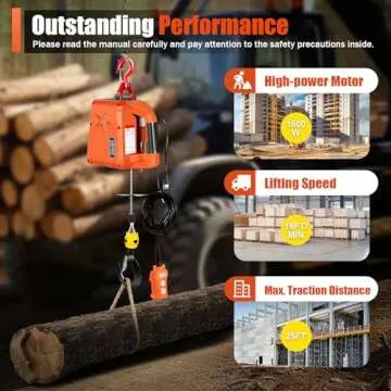 Electric Hoist Winch, 110V Electric Winch Crane Hoist Lifting Kit 3 in 1 500KG/1100LBS 1500W Hoist Crane Winch Hook Pulley with Emergency Stop Switch with Remote for Lifting Towing, Orange
