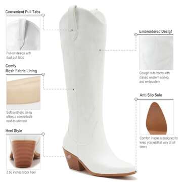 ZXHYZLZ White Cowboy Boots For Women -Wide Calf Knee High Cowgirl Boots Botas Vaqueras Para Mujer Slip On Pointed Toe Thick Heel western Tall Boots Great For Country Concerts and Parties Size 8 wide