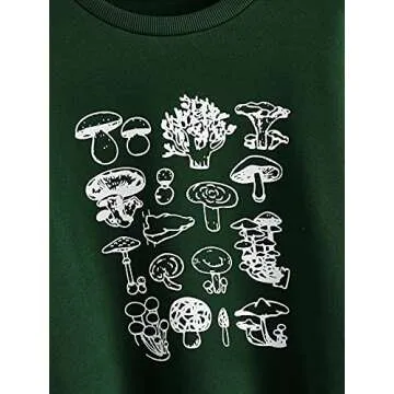 SAFRISIOR Women Mushroom Graphic Print Thermal Sweatshirt Oversized Crew Neck Long Sleeve Drop Shoulder Pullover Green