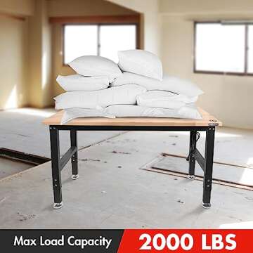 WORKPRO 48" Adjustable Workbench, Rubber Wood Top Heavy-Duty Workstation, 2000 LBS Load Capacity Har...