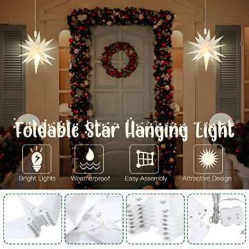 Kingdder 4 Pieces Moravian Star Light LED 3D Star Hanging Light Powered by Battery with Timer Function White Porch Light Holiday Decor for Indoor Outdoor Christmas Trees Balconies Courtyards (12 Inch)