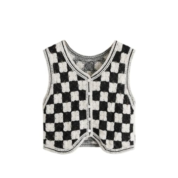 Stylish Verdusa Women's Checkered V Neck Button Front Vest - Black & White