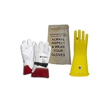 Enespro Class 2 Yellow Rubber Voltage Insulating Glove Kit with Leather Protectors, Max. Use Voltage 17,000V AC/ 25,500V DC (KITGC2Y10)
