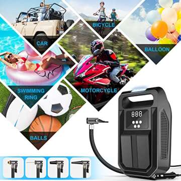 FBK Tire Inflator Portable Air Compressor Tire Air Pump for Car Tires - Car Accessories, 12V DC Auto Pump with Digital Pressure Gauge, Emergency LED Light for Bicycle, Motorcycle, Balloons, Black