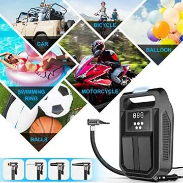 FBK Tire Inflator Portable Air Compressor Tire Air Pump for Car Tires - Car Accessories, 12V DC Auto Pump with Digital Pressure Gauge, Emergency LED Light for Bicycle, Motorcycle, Balloons, Black