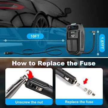 FBK Tire Inflator Portable Air Compressor Tire Air Pump for Car Tires - Car Accessories, 12V DC Auto Pump with Digital Pressure Gauge, Emergency LED Light for Bicycle, Motorcycle, Balloons, Black