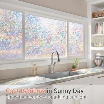 LUTE Window Privacy Film, Rainbow Window Film, 3D Decorative Stained Glass Cling, Non-Adhesive Vinyl...