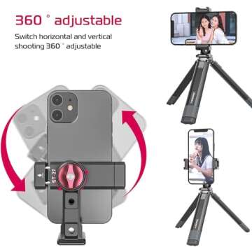 Metal Phone Tripod Mount 3 Cold Shoes & Arca Port, 360° Smartphone Tripod Adapter for iPhone Samsung Cell Phone Stand Holder for Desktop Tripod Video Live Streaming Vlogging Rig
