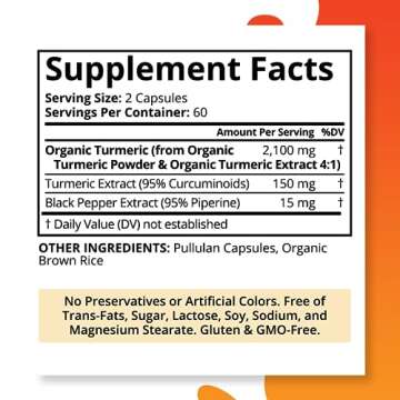 Organic Turmeric Curcumin with Black Pepper Bioperine 2,250 MG/Serving, 95% curcuminoids - Antioxidant Joint Supplement, Muscle & Brain Support - Turmeric Supplement, Non-GMO, Vegetarian, 120 Capsules