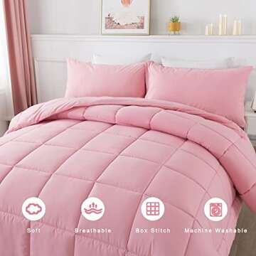 DOWNCOOL Queen Comforter Set -All Season Bedding Comforters Sets with 2 Pillow Cases-3 Pieces Bedding Sets Queen -Down Alternative Pink Queen Size Comforter Sets(88"x90")