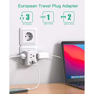 European Travel Plug Adapter with USB Charging Ports(1 USB C), International Type C Power Adapter fo...