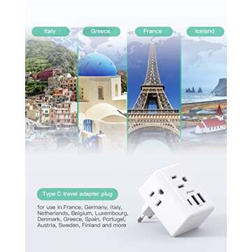 European Travel Plug Adapter with USB Charging Ports(1 USB C), International Type C Power Adapter for US to Most of Europe EU Italy France Spain Germany Greece