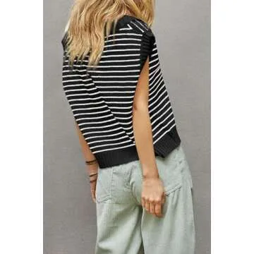 Yousify Ladies Summer Tops and Blouses 2025 Loose Fit Dressy Cap Sleeve Tunic Sweaters Vests Black M