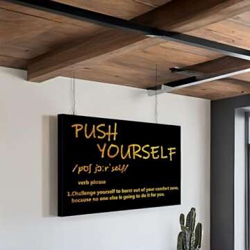 Black and Gold Wall Art School Motivational Quotes Push Yourself Canvas Print Classroom Inspirational Picture Wall Art Living Room Office Framed Golden Artwork 12x16inch