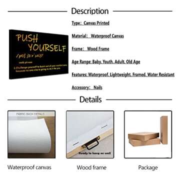 Black and Gold Wall Art School Motivational Quotes Push Yourself Canvas Print Classroom Inspirational Picture Wall Art Living Room Office Framed Golden Artwork 12x16inch