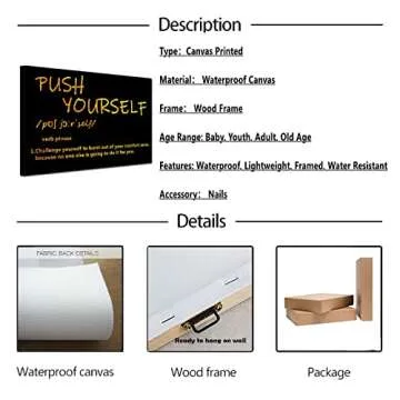 Black and Gold Wall Art School Motivational Quotes Push Yourself Canvas Print Classroom Inspirational Picture Wall Art Living Room Office Framed Golden Artwork 12x16inch