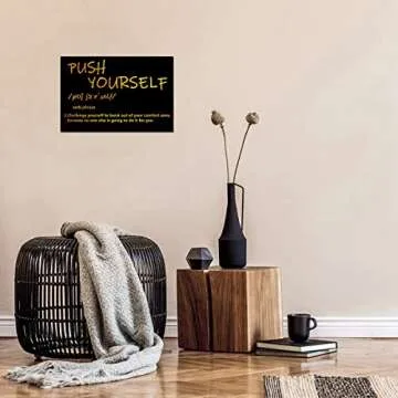 Black and Gold Wall Art School Motivational Quotes Push Yourself Canvas Print Classroom Inspirational Picture Wall Art Living Room Office Framed Golden Artwork 12x16inch